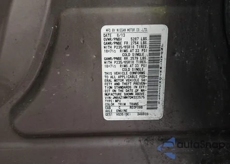 2013 Nissan Murano Sv from USA, damaged, VIN JN8AZ1MW7DW322575